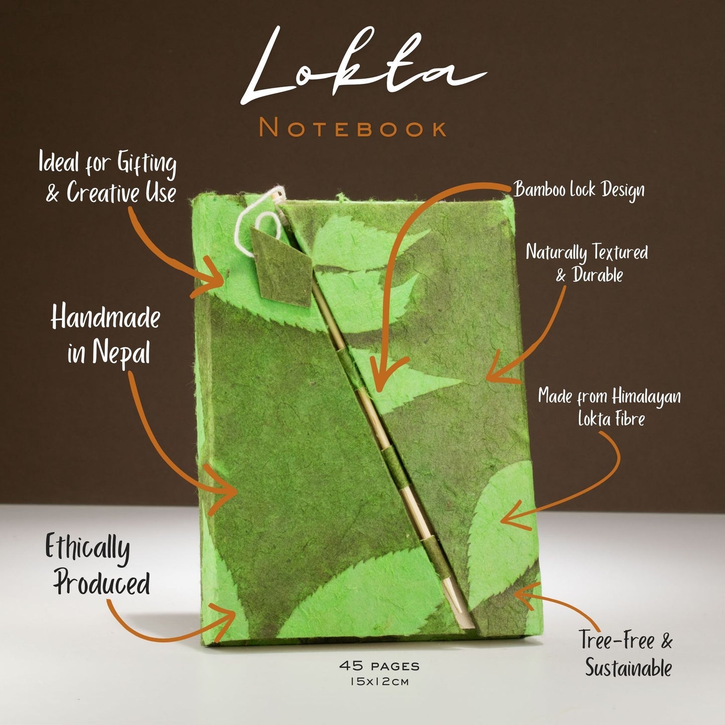 Lokta Bold Floral Bamboo Lock Notebook – Mediano (15x12cm) – 45 Hojas – Verde musgo