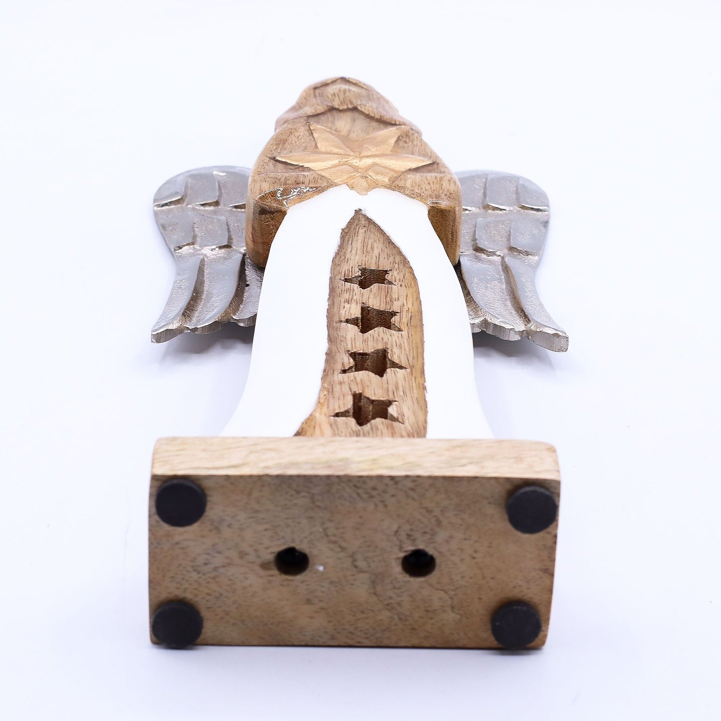 Gran estrella de madera de mango, alas de ángel metálicas y detalle esmaltado