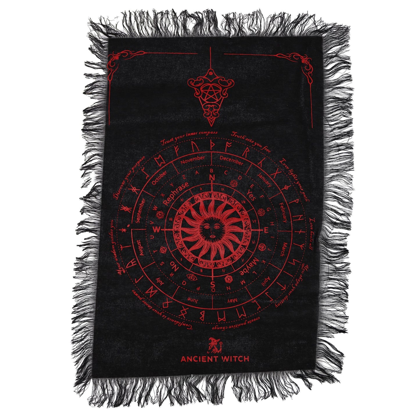 Tela de Adivinación con Péndulo de Bruja Antigua - Rostro del Sol - Negro y Rojo Sangriento